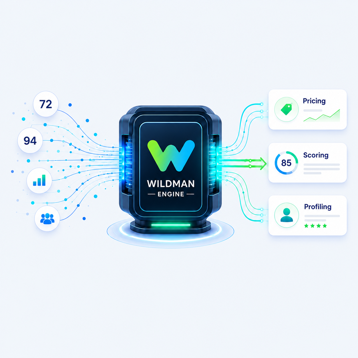 Wildman Technology data processing engine transforming data into pricing, scoring and profiling decisions